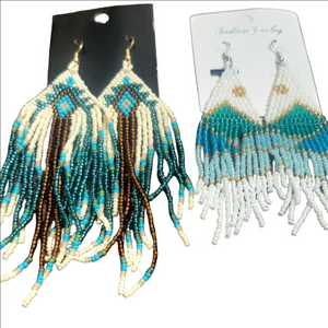 Boho Beaded Fringe Earrings - Turquoise, Brown, and White